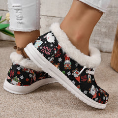 Christmas Print Plush Boat Shoes Fleece Lined Comfort Lace-up Flats