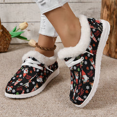 Christmas Print Plush Boat Shoes Fleece Lined Comfort Lace-up Flats
