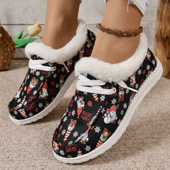 Christmas Print Plush Boat Shoes Fleece Lined Comfort Lace-up Flats