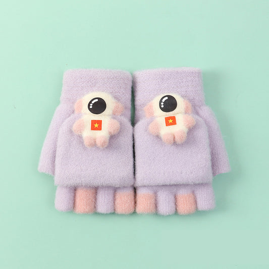 Winter Cartoon Astronaut Half Finger Gloves for Kids