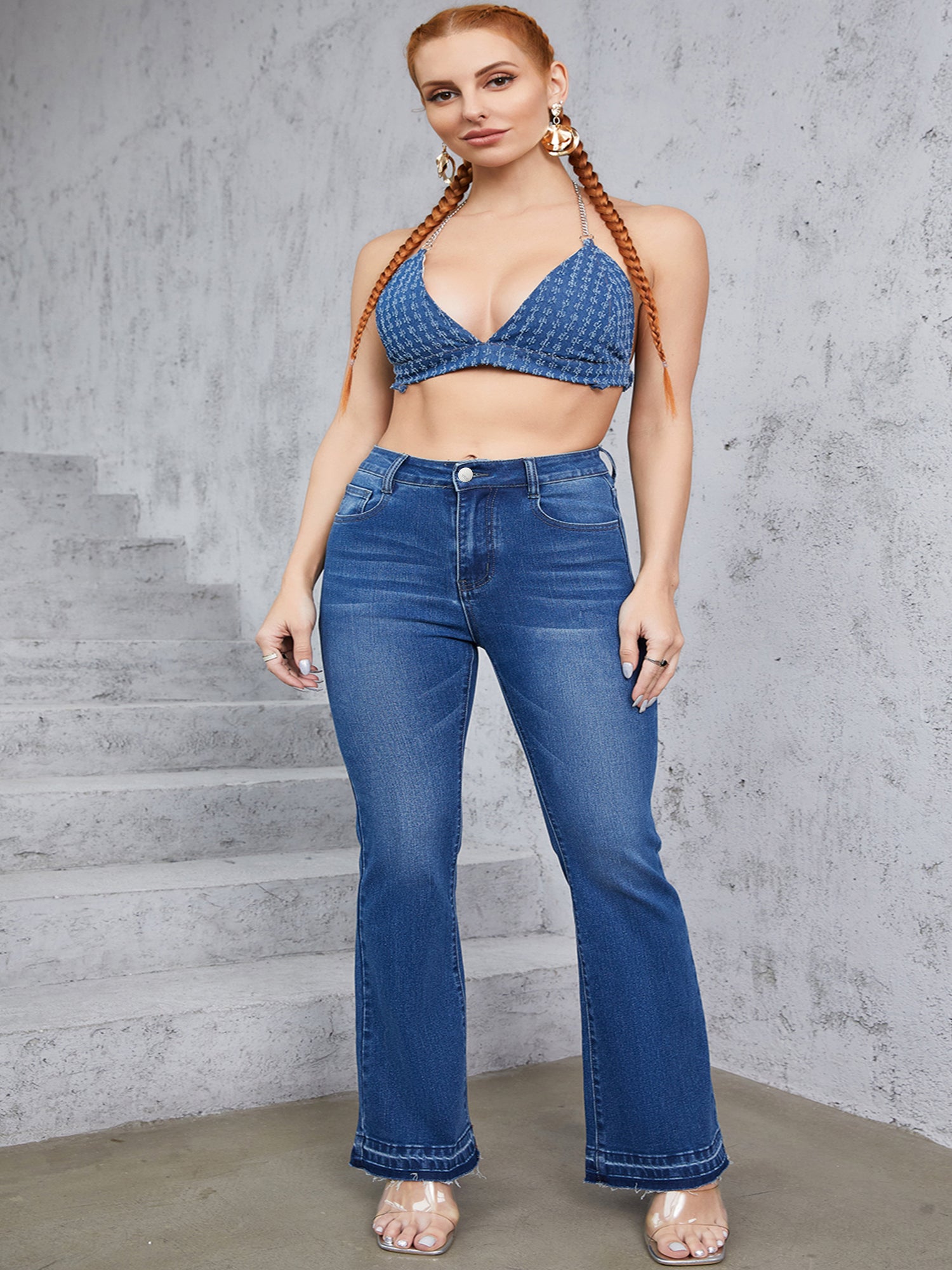 Plus Solid Button Fly High Rise Flared Leg Jeans