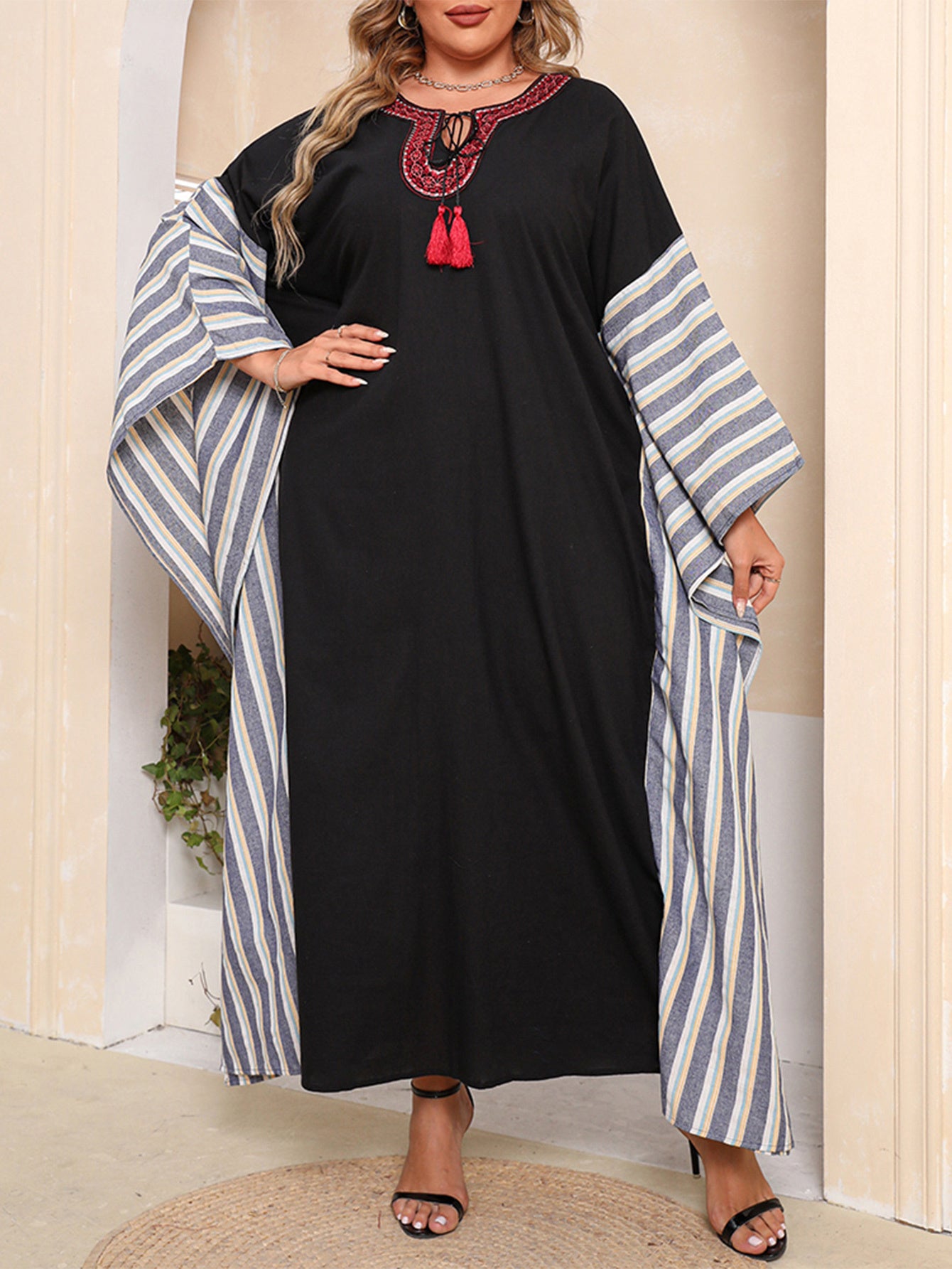  Colorblock Stripe Kaftan Dress with Tassel Detail