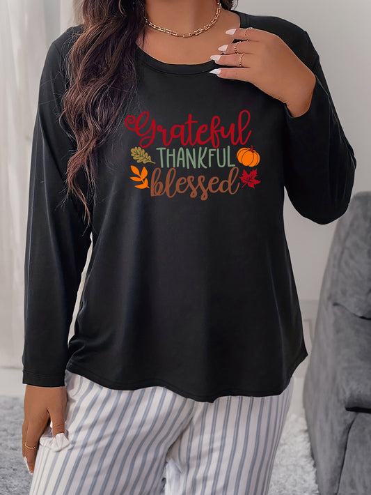  Thanksgiving Graphic Print Top Women's Plus Casual Loungewear Tee