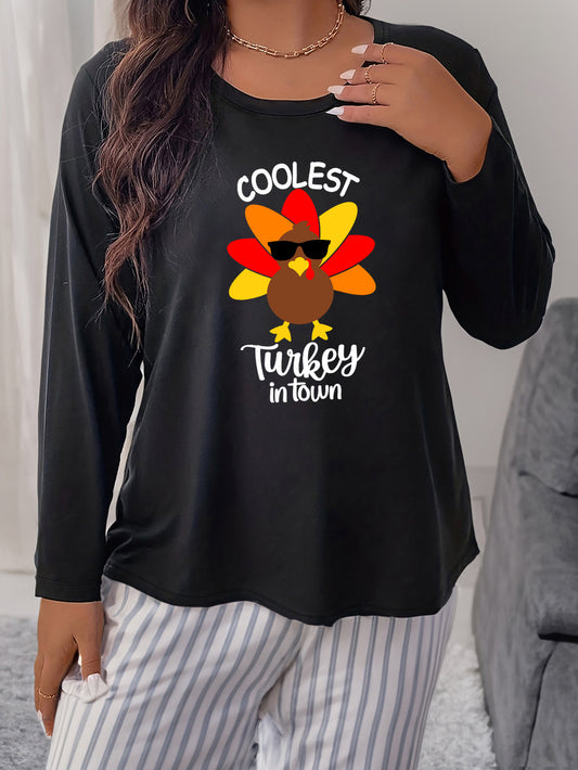  Women's Casual Loungewear Top - Turkey Print Round Neck Pajama Top