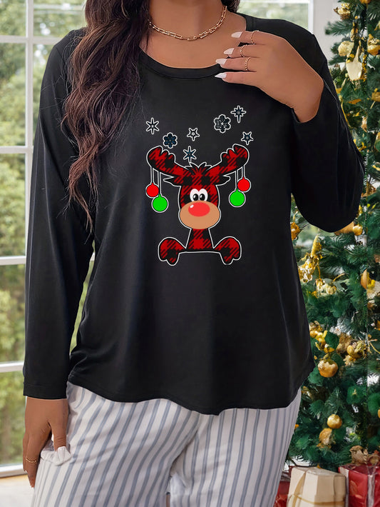  Christmas Elk Print Long Sleeve Pajama Top