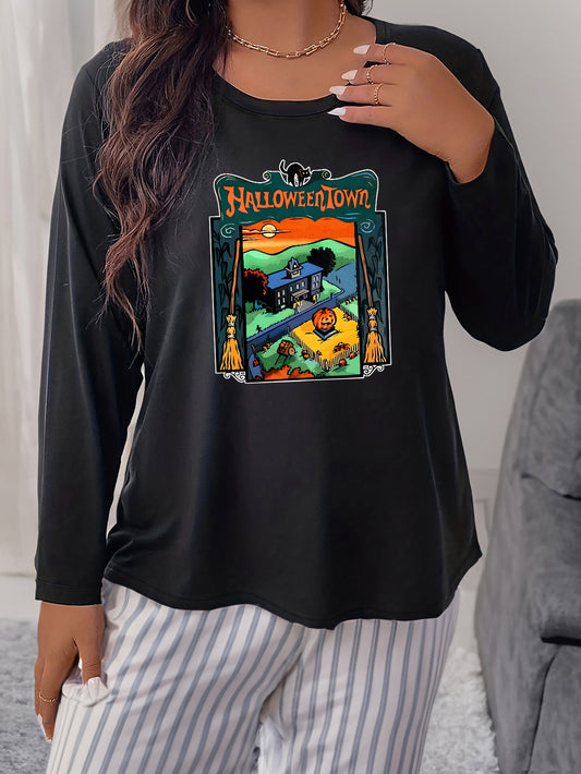 Women's Plus Size Halloween Graphic Print Long Sleeve Pajama Top
