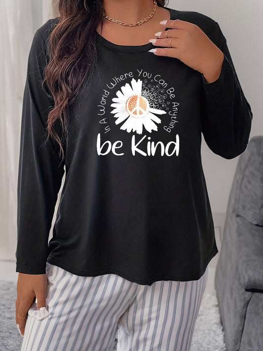 Women's Plus Floral Slogan Print Long Sleeve Round Neck Pajama Top