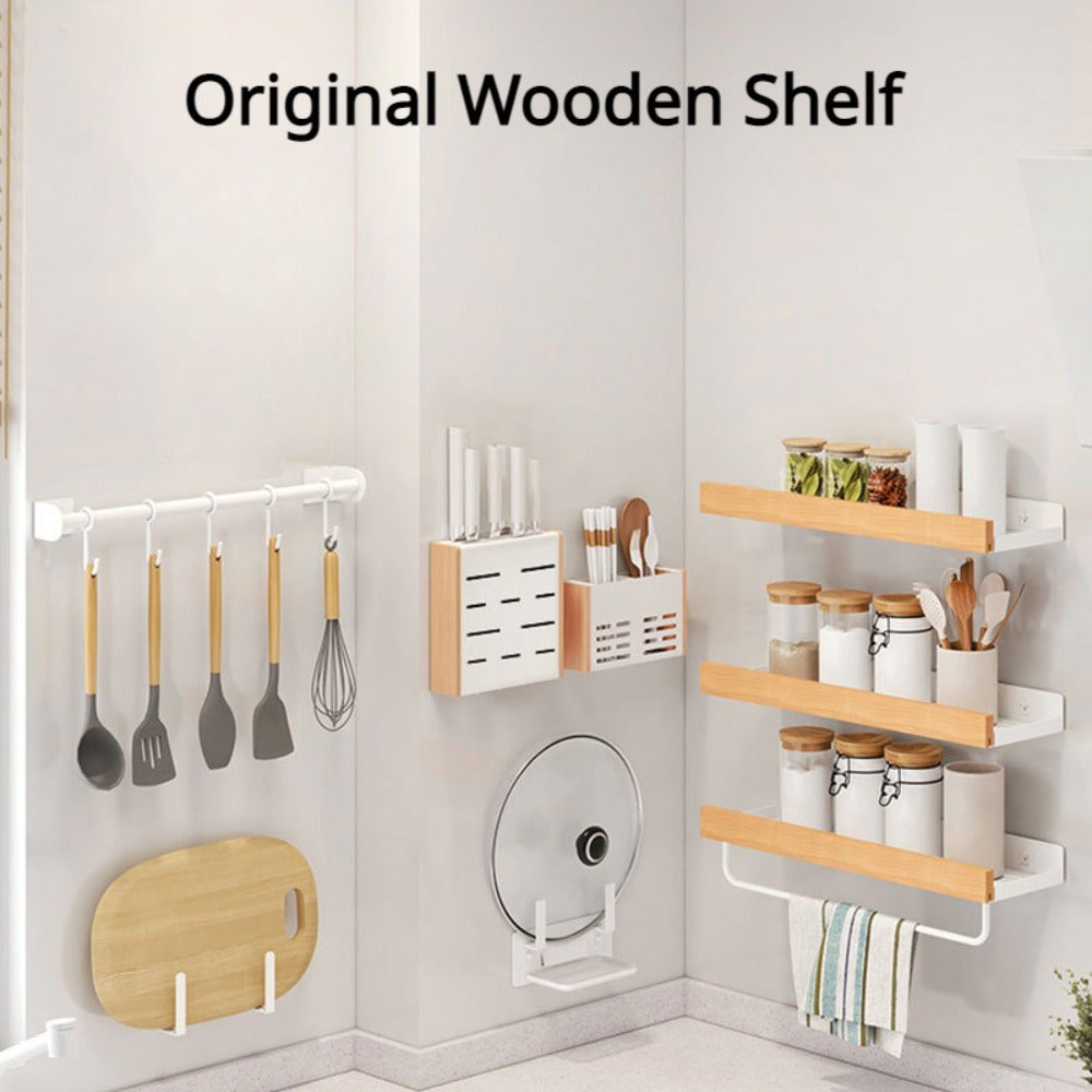 Kitchen Seasoning Rack Wall-mounted Solid Wood Shelf