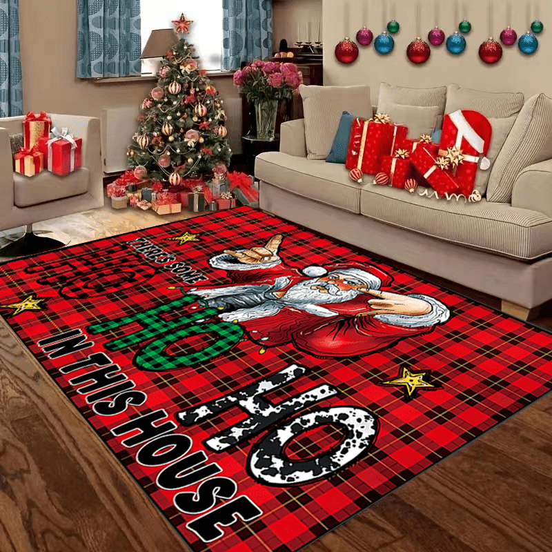 Plaid Santa Area Rug Soft Anti-slip Mat Xmas