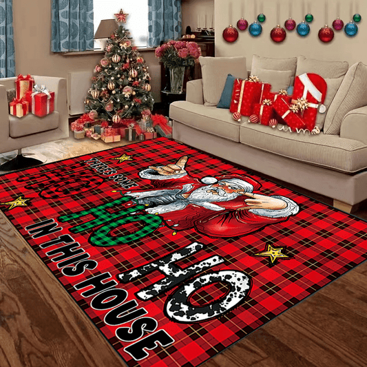 Plaid Santa Area Rug Soft Anti-slip Mat Xmas