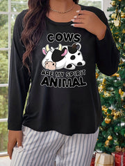  Cow Print Long Sleeve Round Neck Pajama Tee