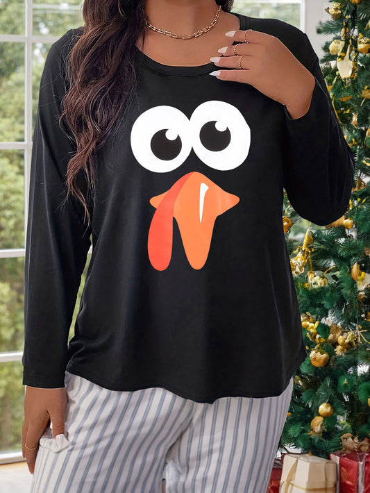  Turkey Print Long Sleeve Round Neck Loungewear Tee