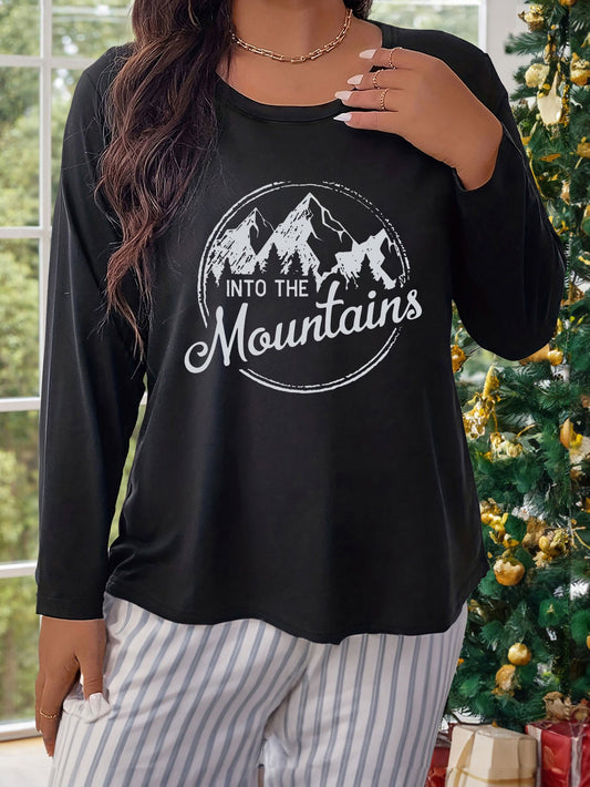  Mountain & Letter Print Long Sleeve Loungewear Top