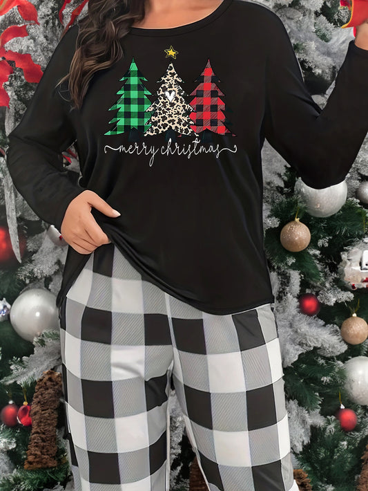 Christmas Tree Print Lounge Top Long Sleeve Crew Neck Women's Sleepwear