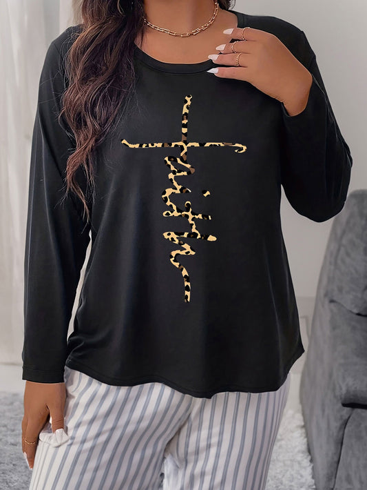 Leopard Cross Letter Graphic Plus Size Long Sleeve T-shirt
