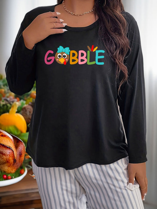 Women's Plus Size Turkey Graphic Long Sleeve Round Neck Sleepwear Top