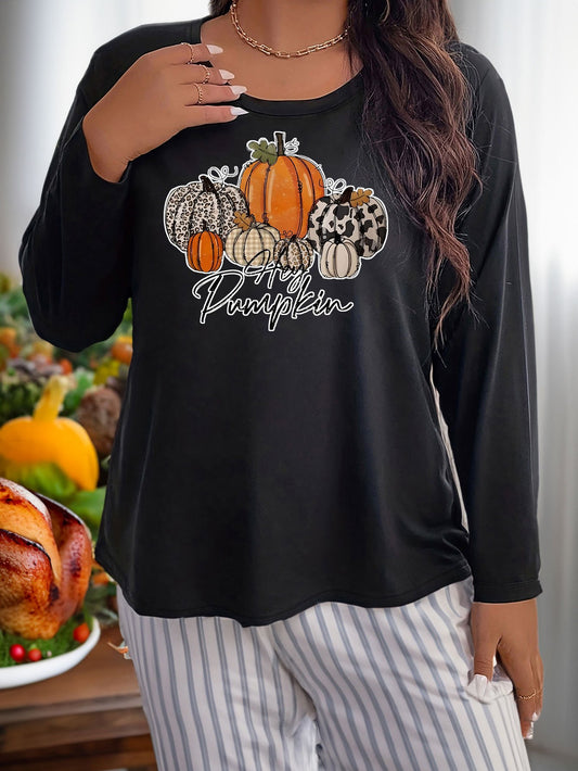 Women's Plus Size Leopard Pumpkin Graphic Long Sleeve Sleepwear Top
