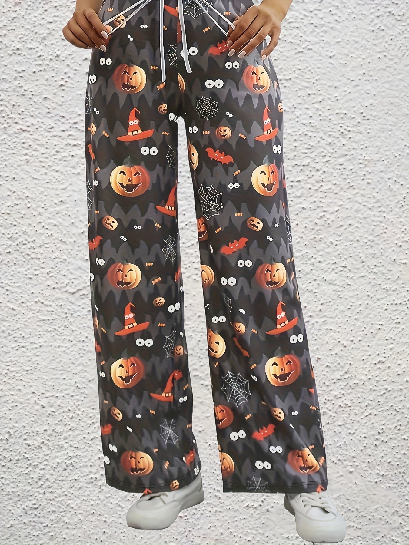  Halloween Pumpkin Print Wide Leg Trousers