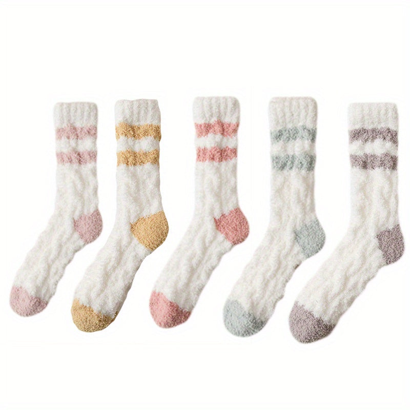 5 Pairs Striped Fuzzy Socks Warm Mid Tube Women's Stockings