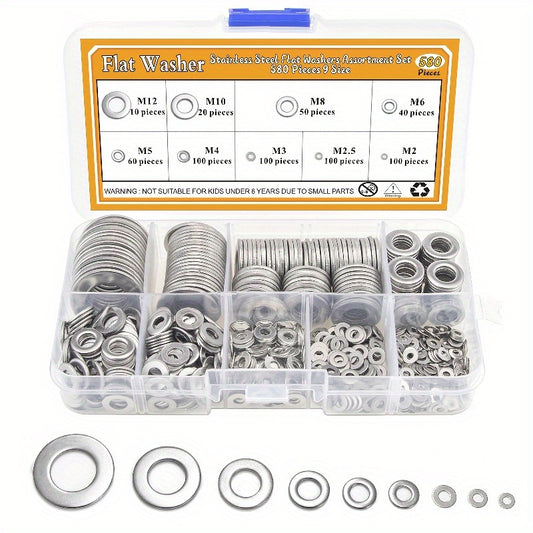 580pcs Stainless Steel Flat Washers Set 9 Sizes