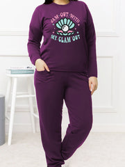  Casual Pajamas Set Women's Plus Pearl Shell & Slogan Print Long Sleeve