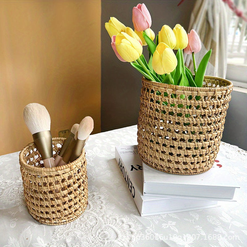 Retro Wooden Woven Pen Holder Desktop Stationery Storage Box