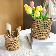 Retro Wooden Woven Pen Holder Desktop Stationery Storage Box