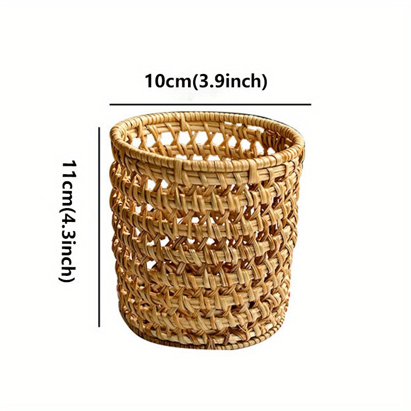 Retro Wooden Woven Pen Holder Desktop Stationery Storage Box