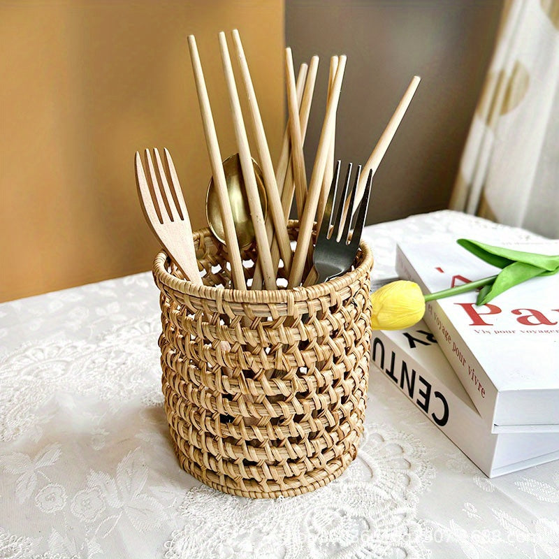 Retro Wooden Woven Pen Holder Desktop Stationery Storage Box