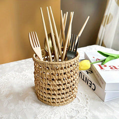 Retro Wooden Woven Pen Holder Desktop Stationery Storage Box