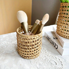 Retro Wooden Woven Pen Holder Desktop Stationery Storage Box