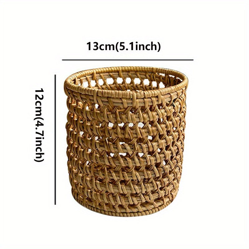 Retro Wooden Woven Pen Holder Desktop Stationery Storage Box