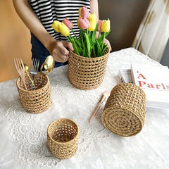 Retro Wooden Woven Pen Holder Desktop Stationery Storage Box