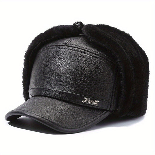 Men's Winter Ear Protection Baseball Hat Warm Cotton PU Leather Hat