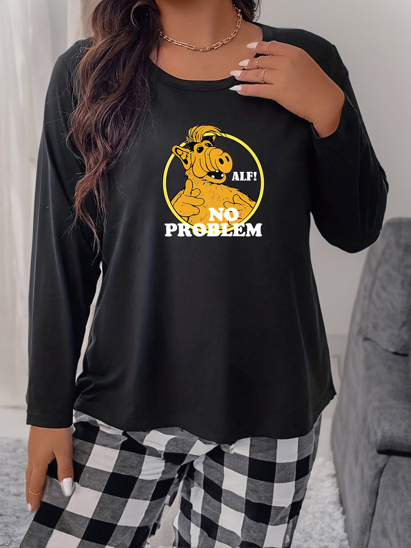 Funny Print Long Sleeve Round Neck Sleepwear Top