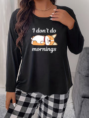 Women's Plus Puppy Print Long Sleeve Round Neck Comfort Tee