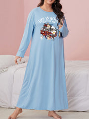  Dogs & Car Print Long Sleeve Round Neck Sleep Dress