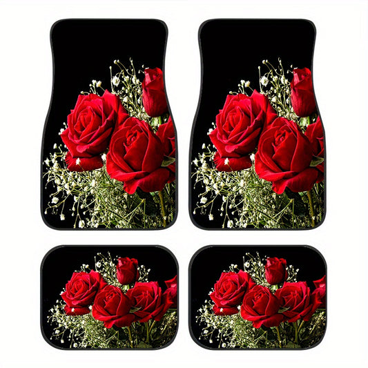 4pcs Rose Flowers Pattern Car Seat Covers Front Rear Seat Mat Car Accessories
