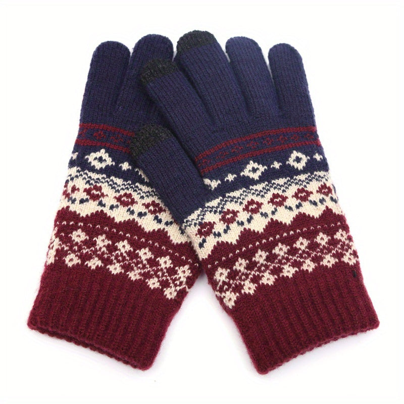 1Pair Winter Vintage Split Finger Gloves Jacquard Touch Screen Gloves