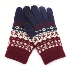 1Pair Winter Vintage Split Finger Gloves Jacquard Touch Screen Gloves