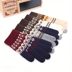 1Pair Winter Vintage Split Finger Gloves Jacquard Touch Screen Gloves