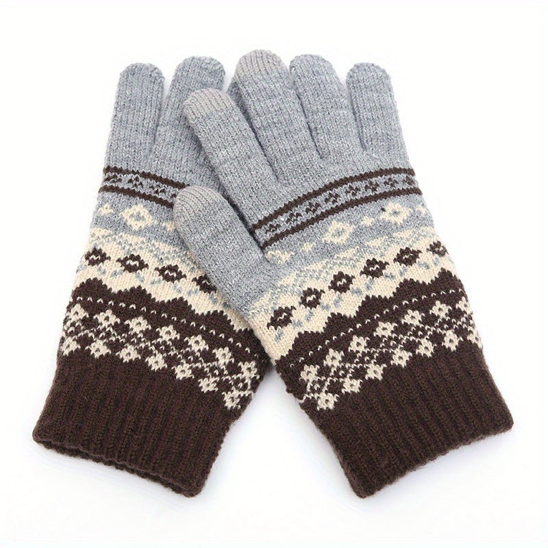 1Pair Winter Vintage Split Finger Gloves Jacquard Touch Screen Gloves