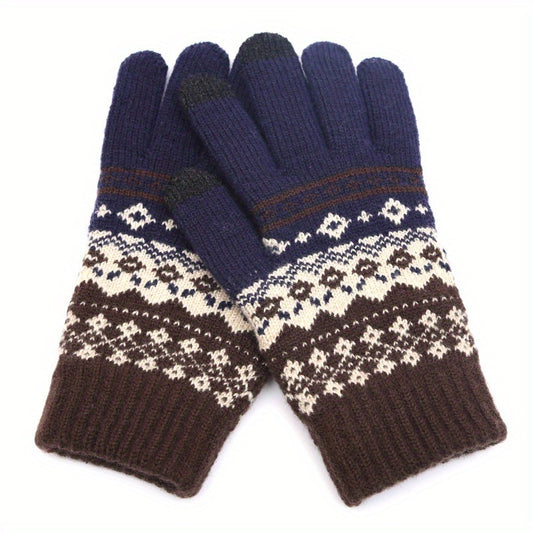 1Pair Winter Vintage Split Finger Gloves Jacquard Touch Screen Gloves
