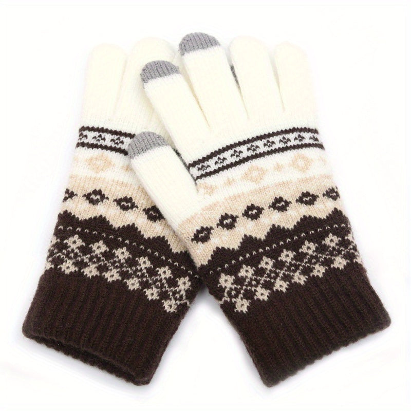 1Pair Winter Vintage Split Finger Gloves Jacquard Touch Screen Gloves