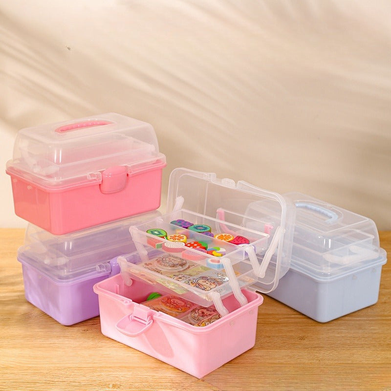 Three Layer Folding Organizer Box Portable Pill Stationery Storage Box
