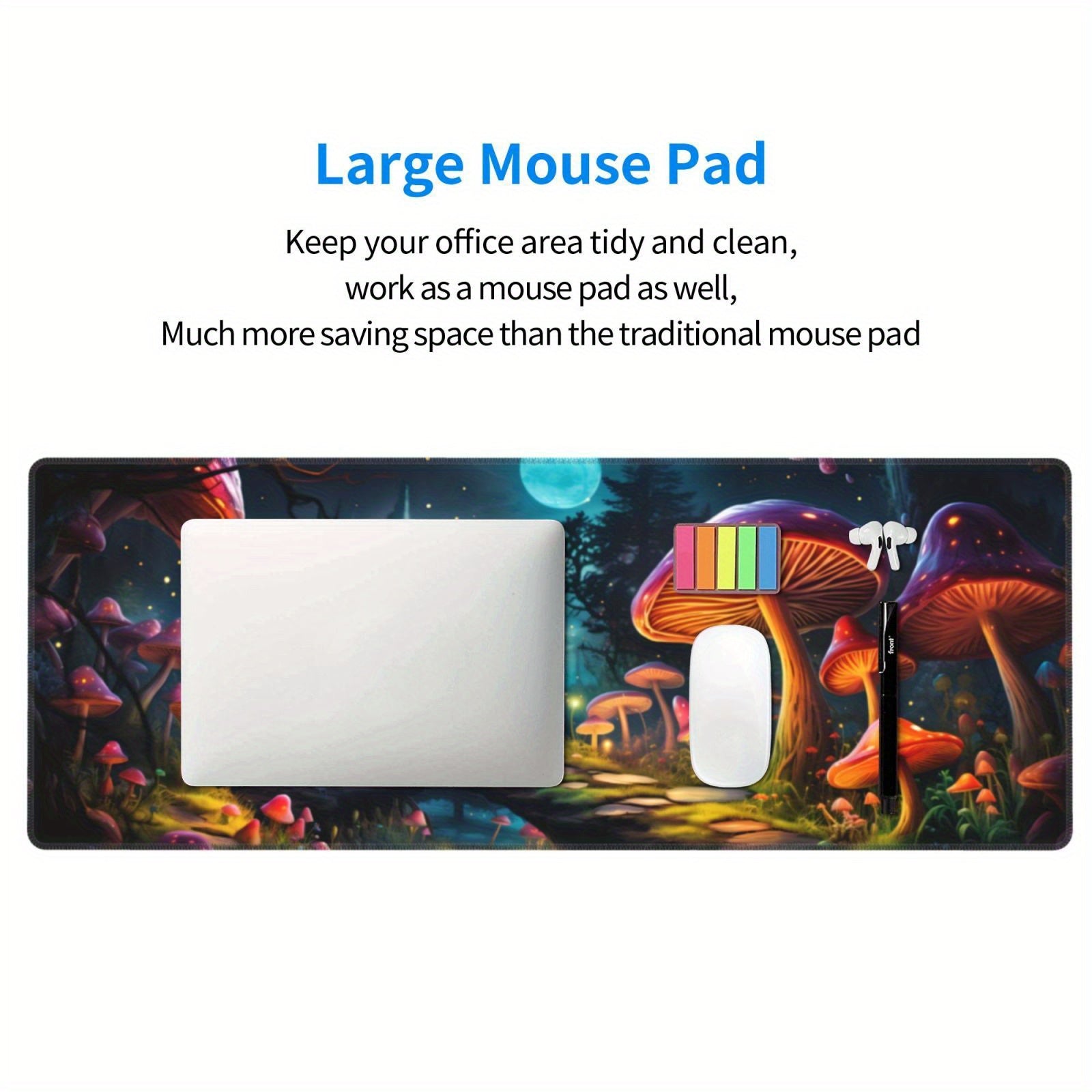 Mushroom And Moon Large Mouse Pad XL Keyboard Mat Non Slip Rubber Base