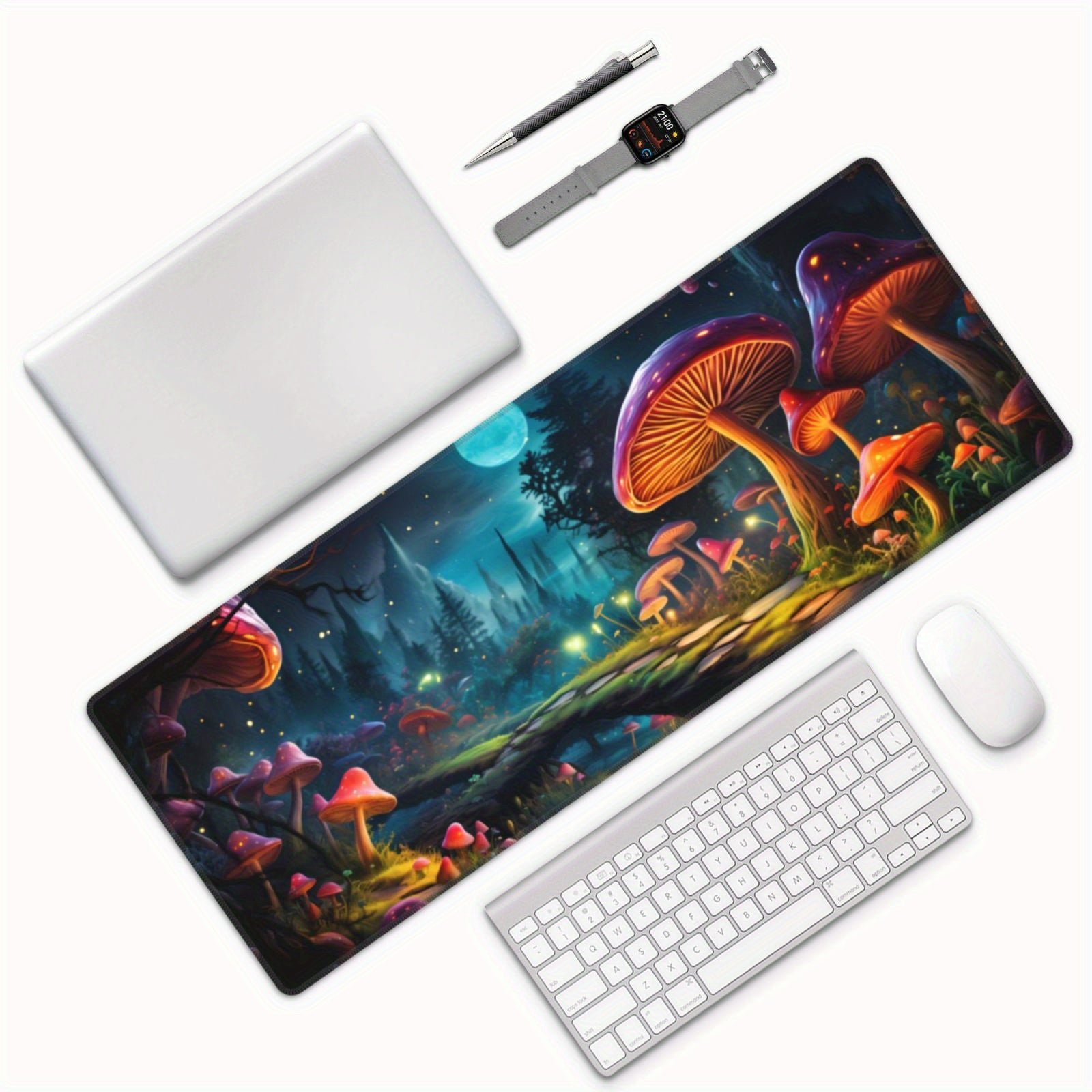 Mushroom And Moon Large Mouse Pad XL Keyboard Mat Non Slip Rubber Base
