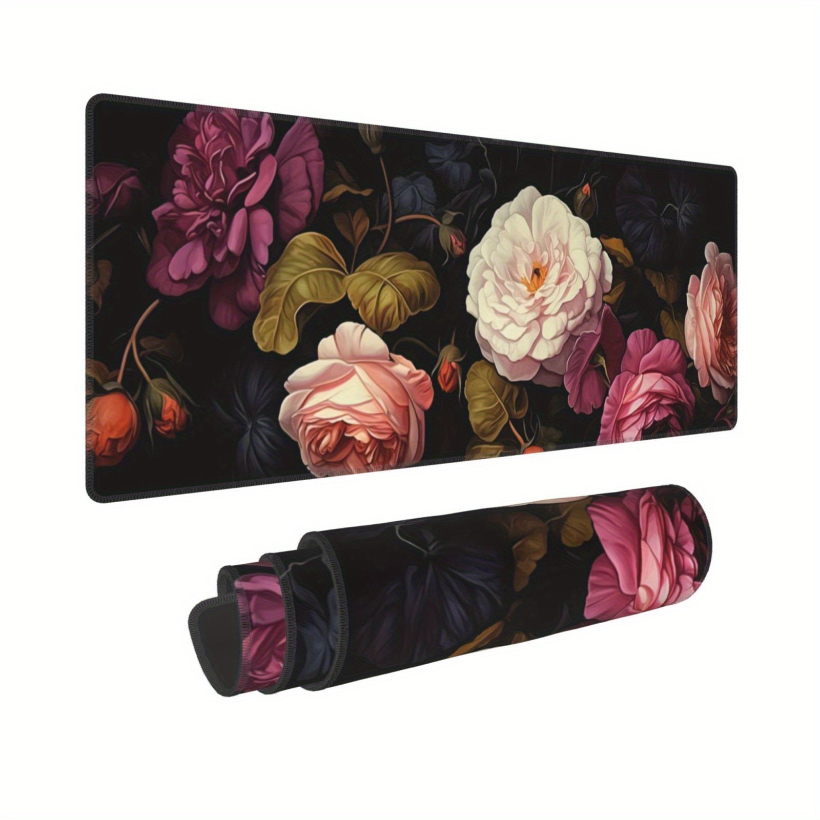 Dark Floral Roses Desk Pad Protector Mouse Pad Mat Non Slip Rubber Desk Mat