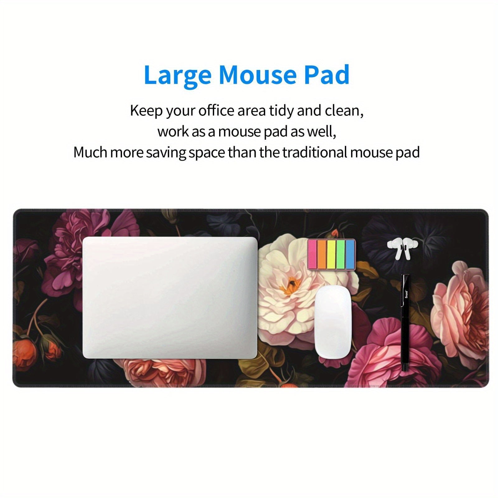 Dark Floral Roses Desk Pad Protector Mouse Pad Mat Non Slip Rubber Desk Mat
