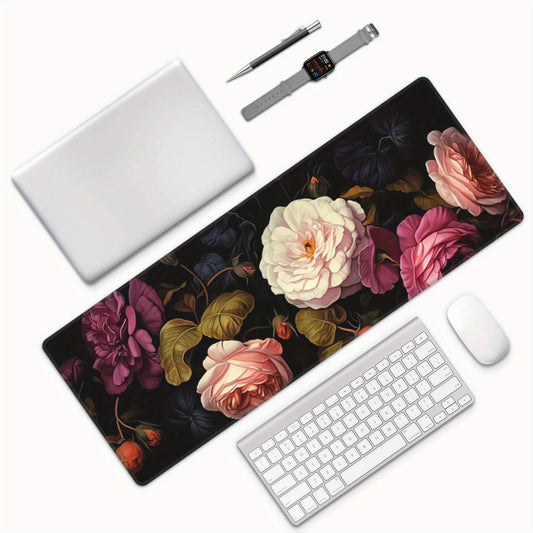Dark Floral Roses Desk Pad Protector Mouse Pad Mat Non Slip Rubber Desk Mat